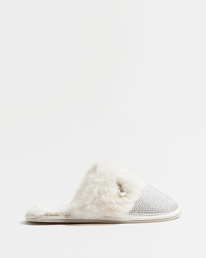 Cream diamante faux fur slippers River Island