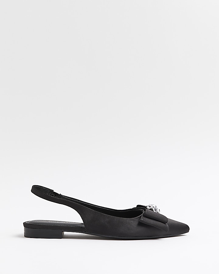 Black satin slingback bow shoes