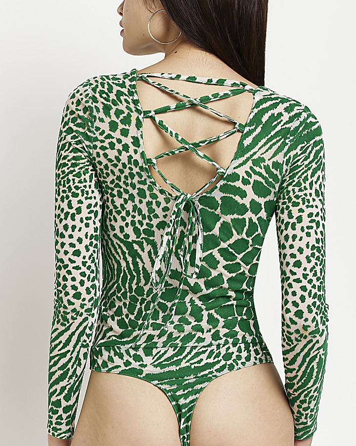 Green leopard print devore bodysuit