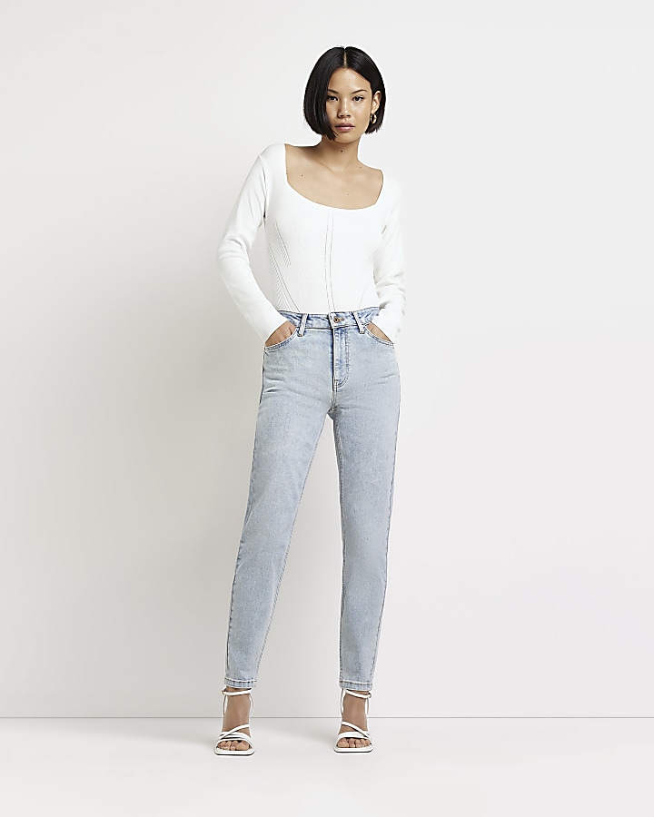 Stradivarius Petite slim mom jeans with stretch and rips in medium blue