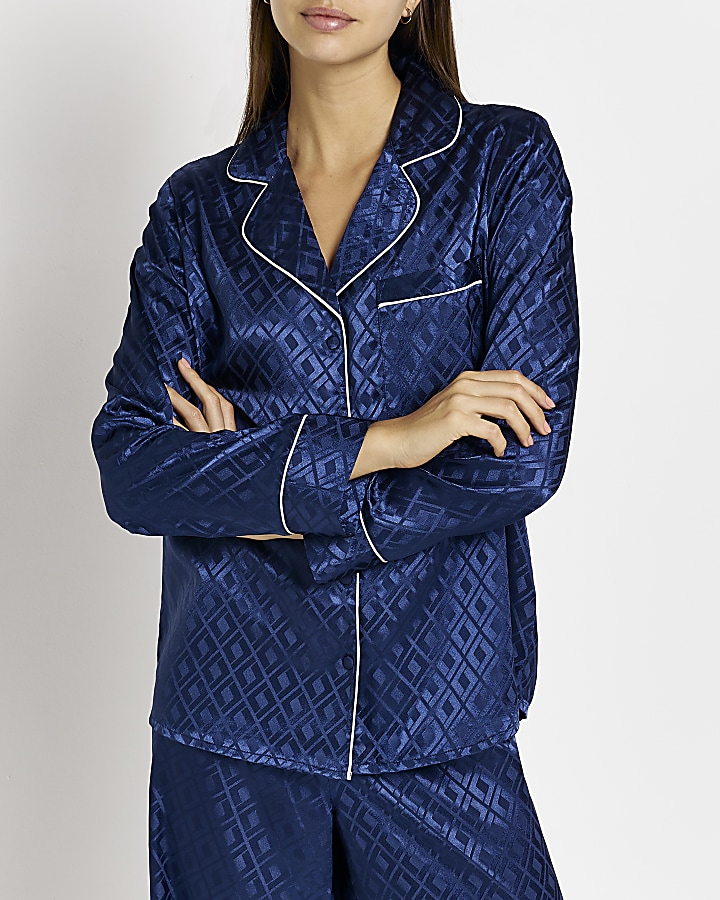 Blue satin jacquard pyjama top