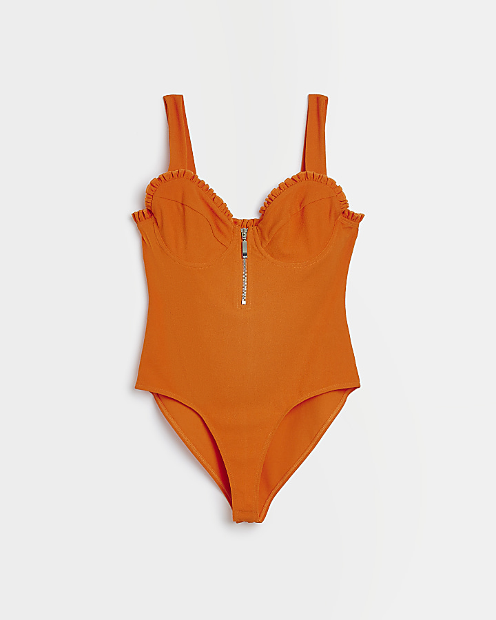Petite orange frill bodysuit
