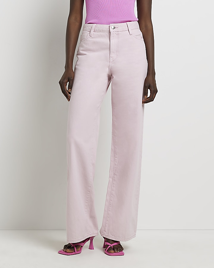 Pink high waisted wide leg jeans