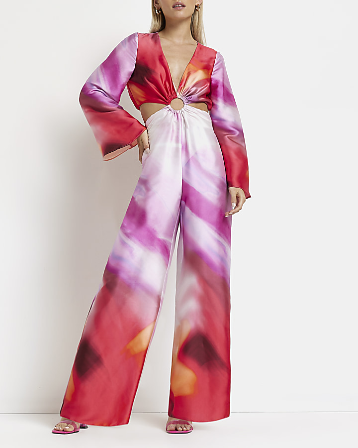 Petite pink print satin cut out jumpsuit