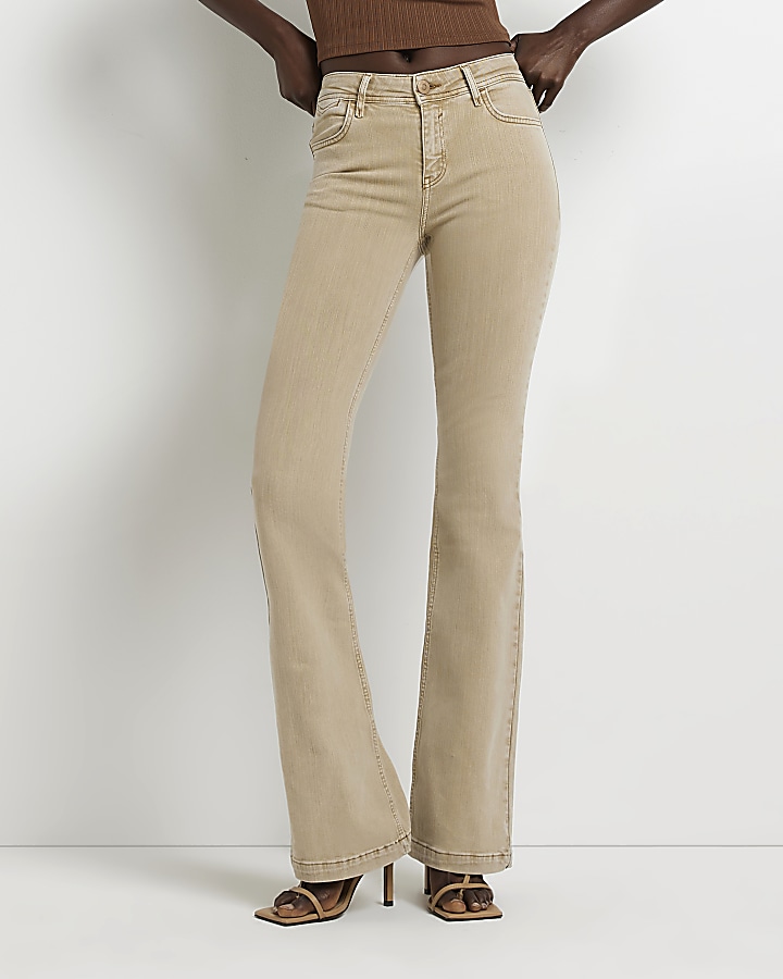 Beige mid rise flare jeans | River Island