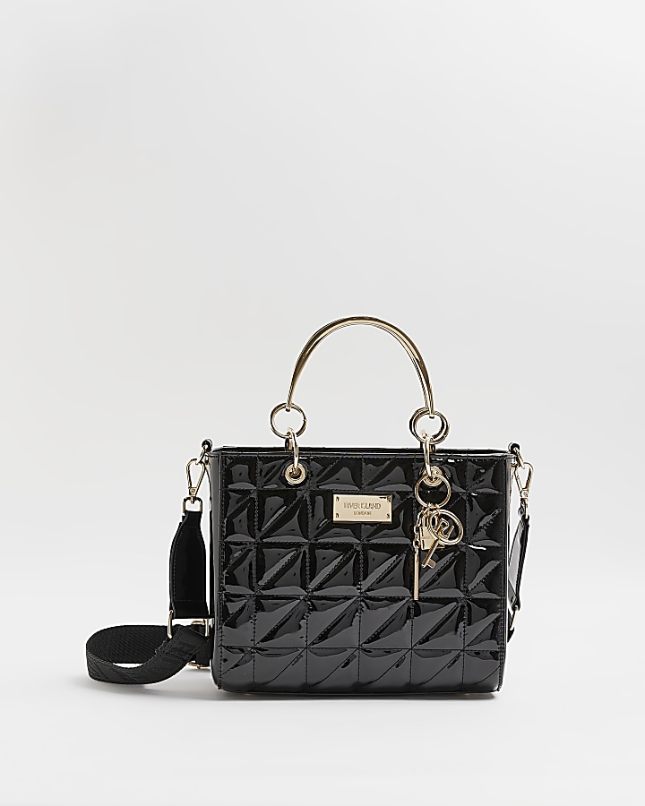 Black patent quilted tote bag