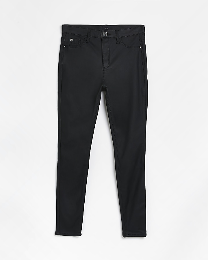 Black coated denim high waisted skinny jeans