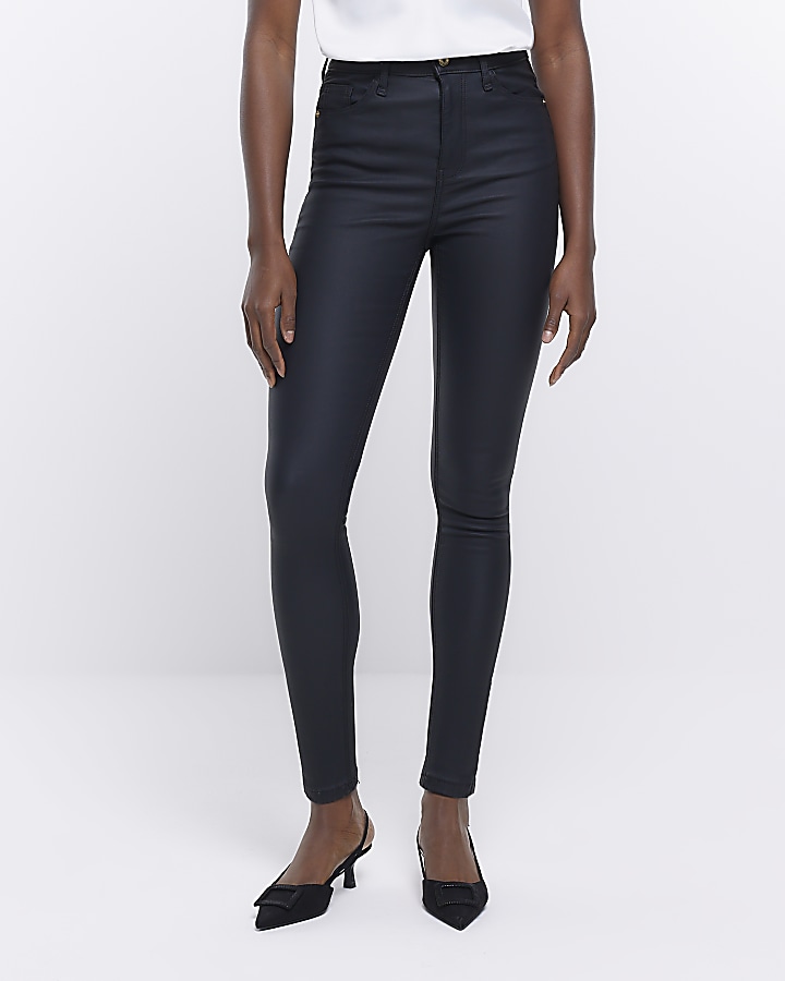 Black coated denim high waisted skinny jeans | River Island