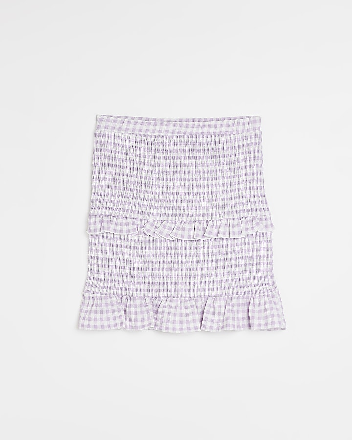 Purple gingham shirred mini skirt
