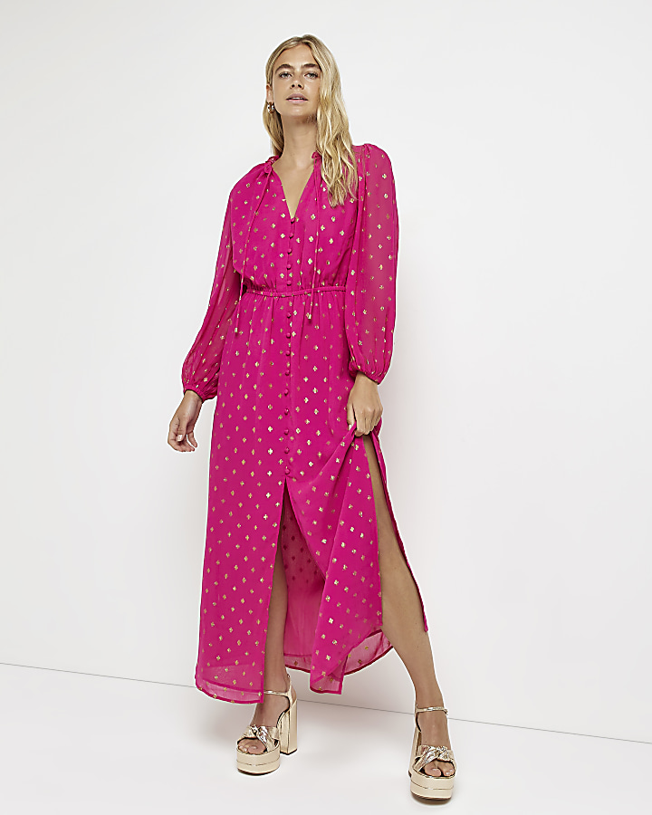 Pink long sleeve spot maxi shirt dress | River Island