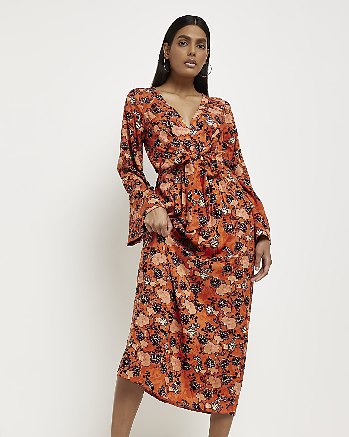 Orange long sleeve floral midi dress