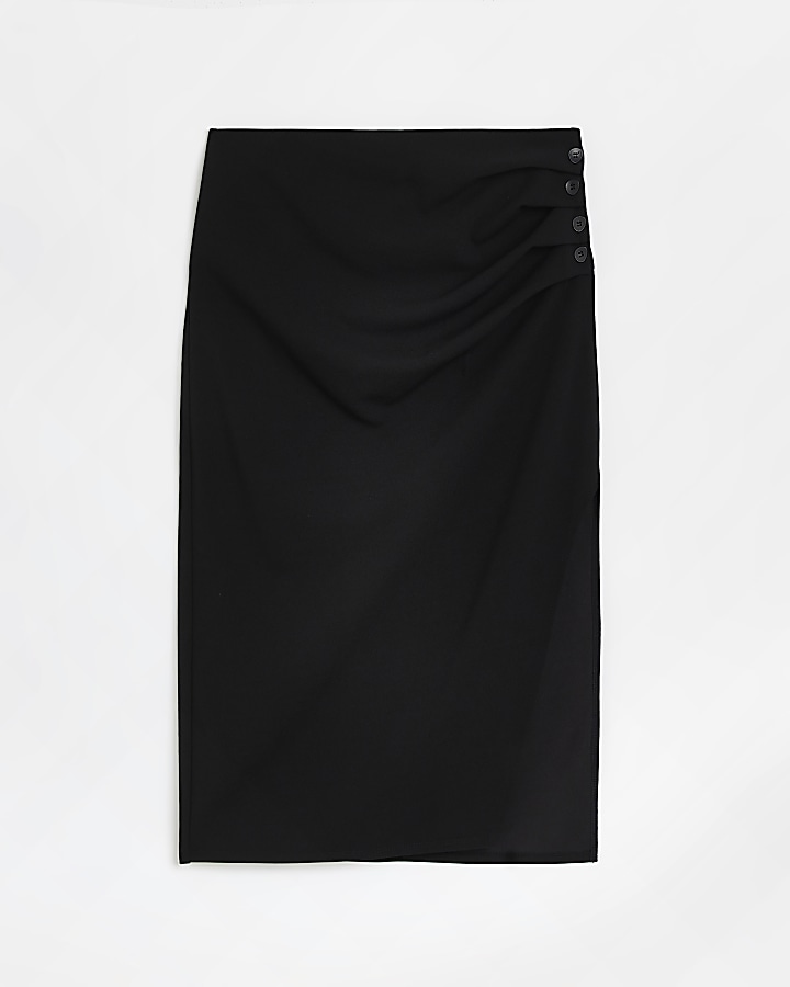 Black pleated split hem midi skirt