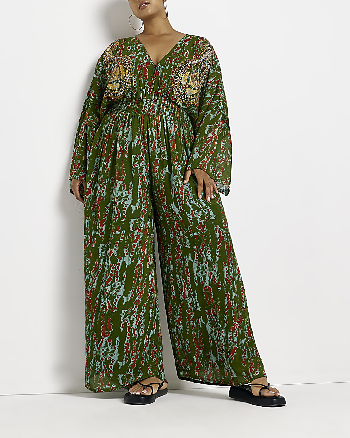 Plus green printed jumpsuit