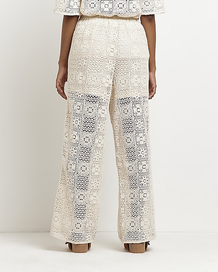 Cream embroidered wide leg trousers