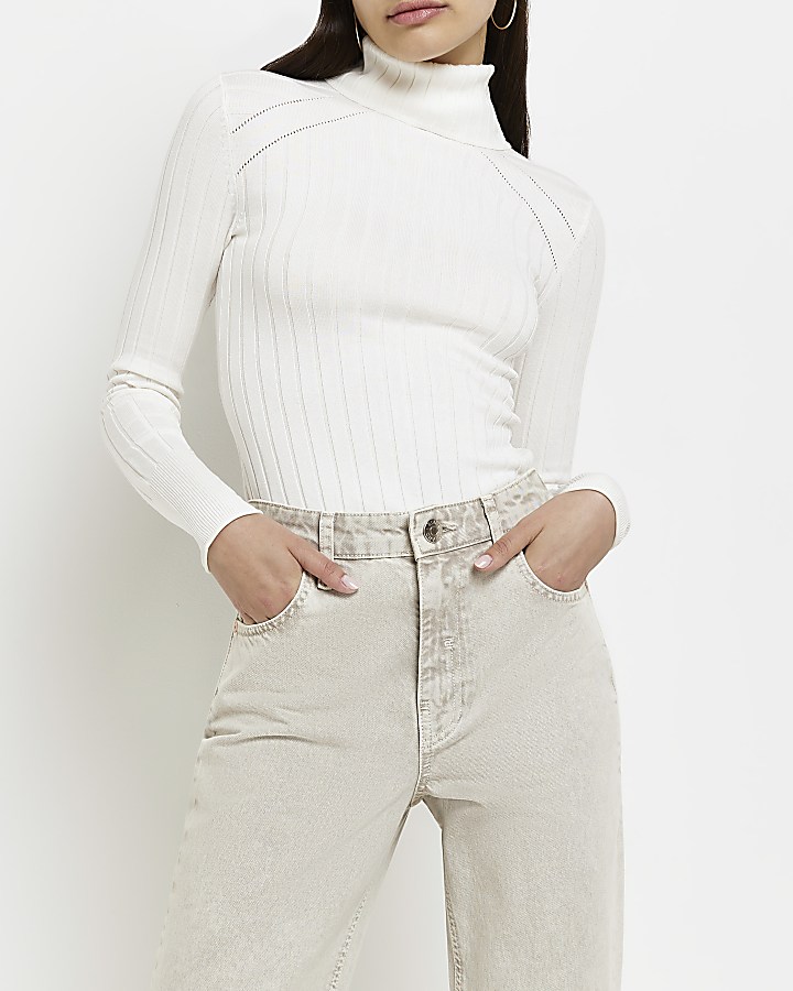 Cream ribbed clearance roll neck jumper