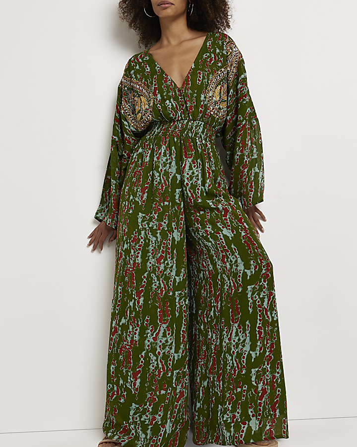 Green print jumpsuit