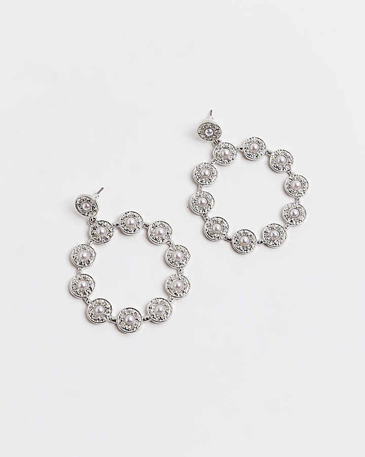 Silver faux peal drop hoop earrings