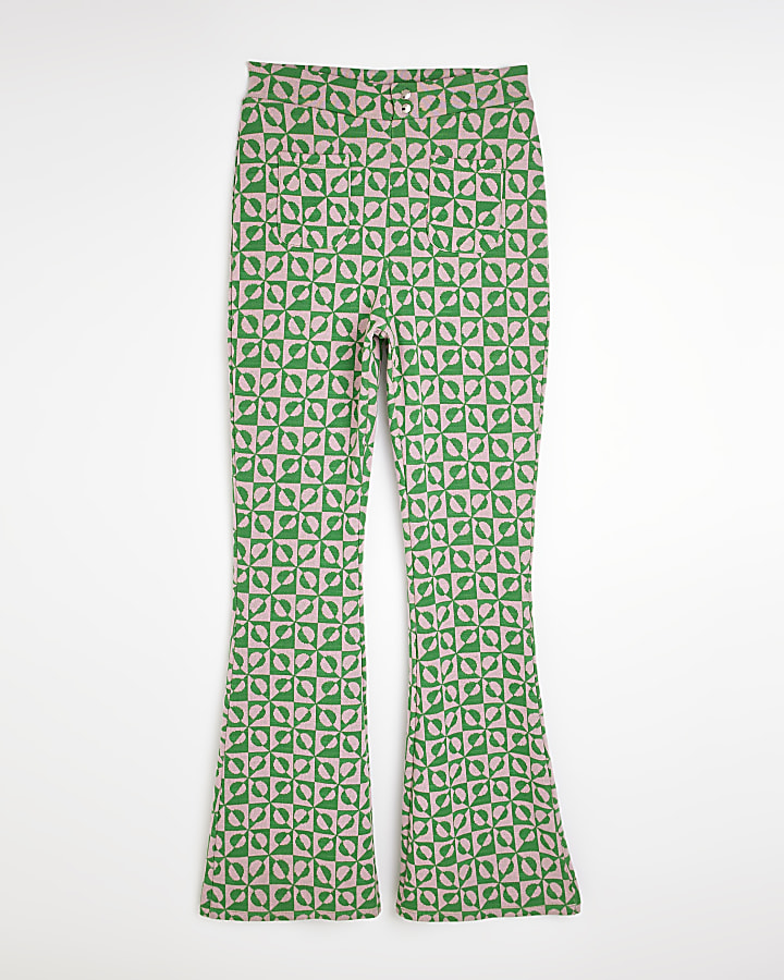 Green printed jacquard flared trousers