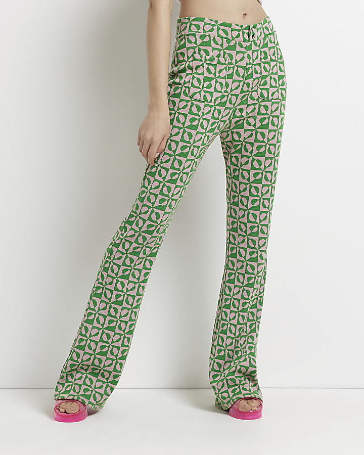 Green printed jacquard flared trousers
