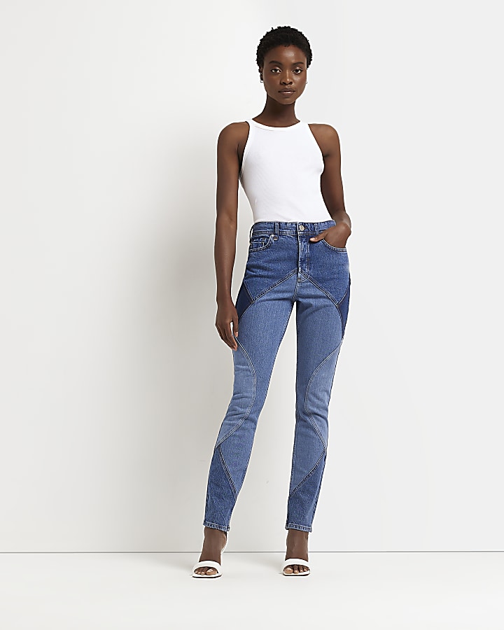 Blue denim mid rise slim jeans