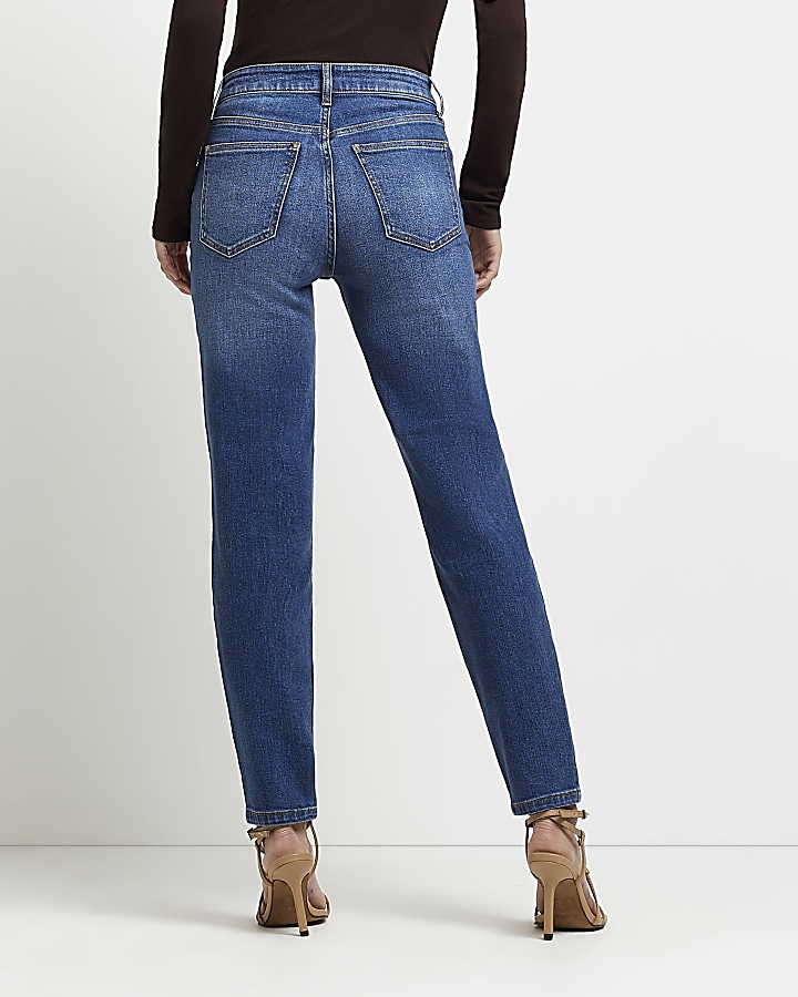 Blue mid rise straight leg mom jeans River Island