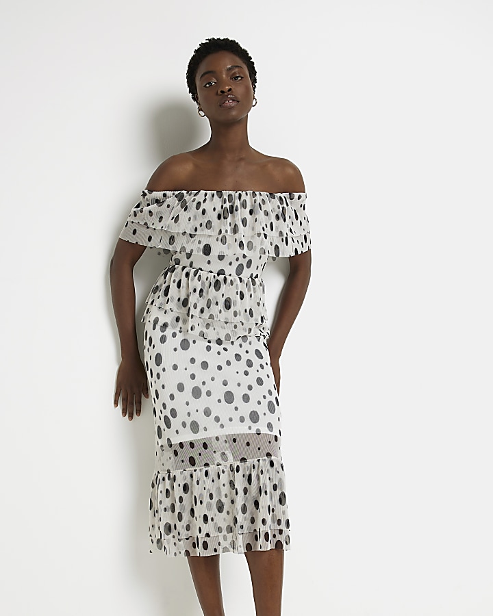 White polka dot bardot clearance dress