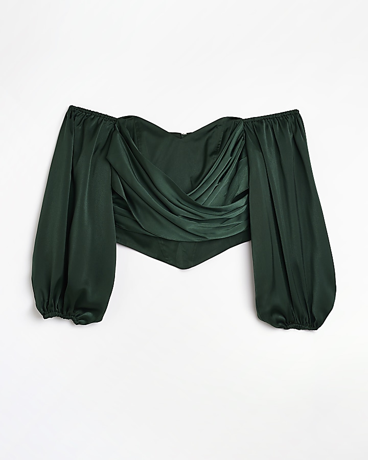 Green satin bardot corset top