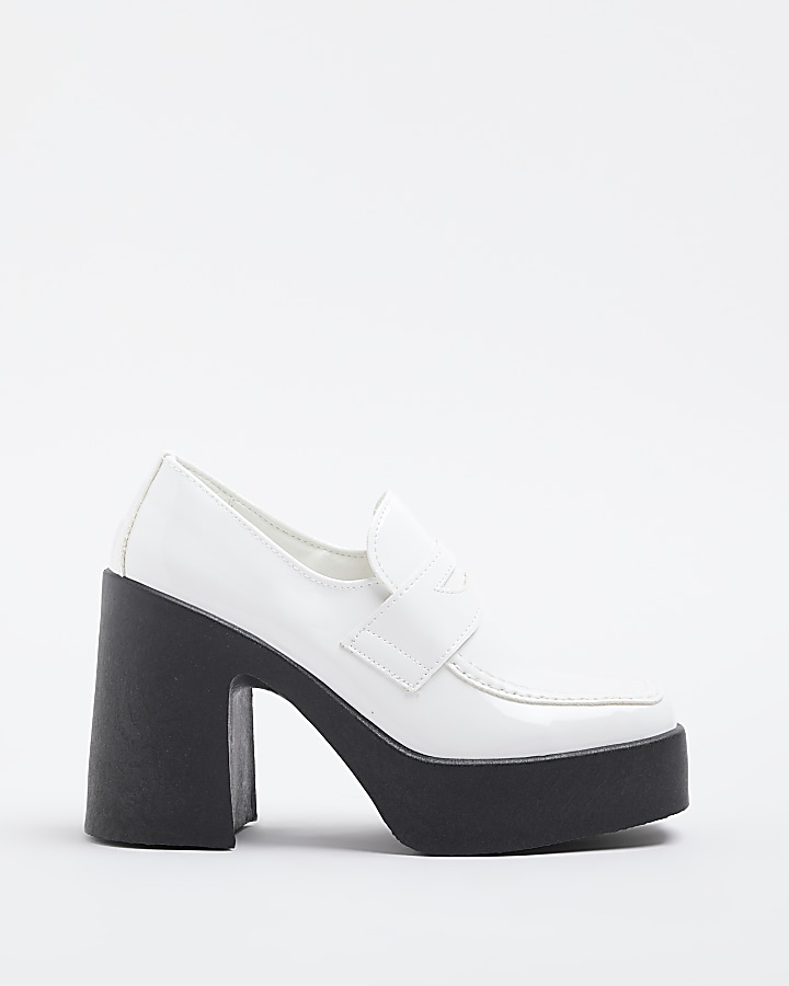 White block heeled loafers