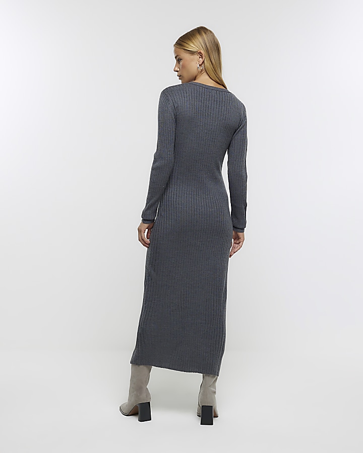 Grey knit bodycon midi dress | River Island