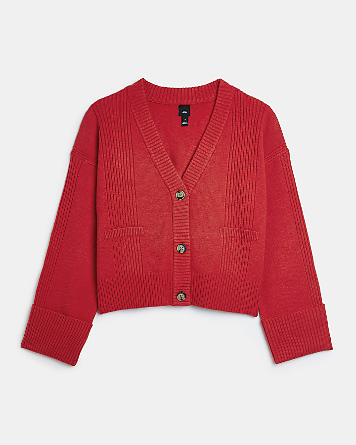 Red ribbed long sleeve cardigan