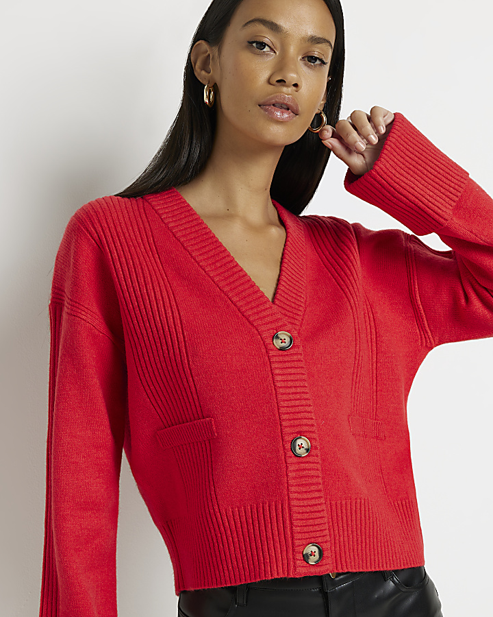 Red ribbed long sleeve cardigan River Island