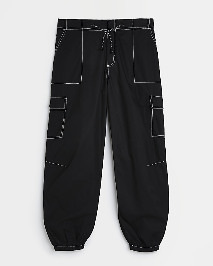 Black mid rise tapered parachute trousers | River Island
