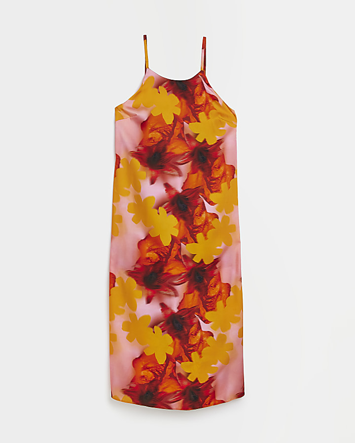 Orange RI Studio Floral Satin Cami Midi Dress