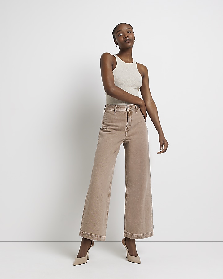 Beige cropped high waisted straight leg jeans River Island