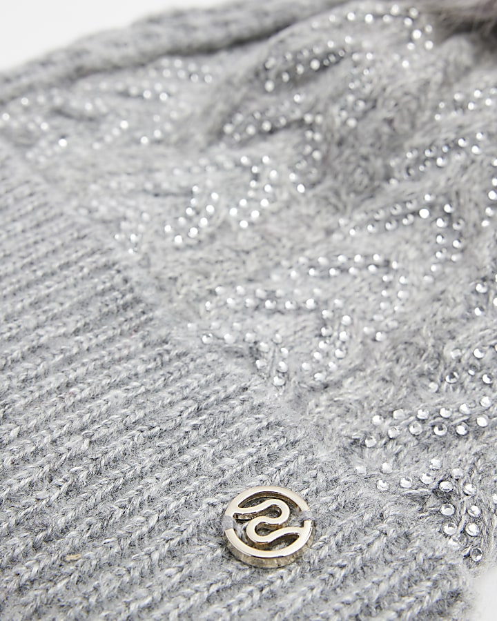 Grey cable knit diamante hat