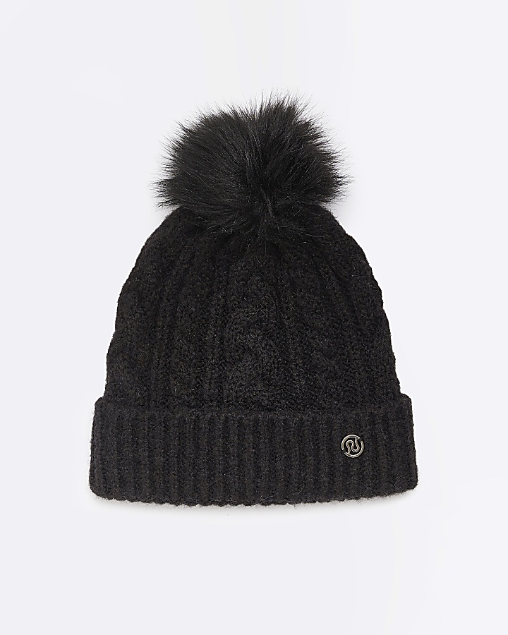 Black pom pom cable knit beanie hat