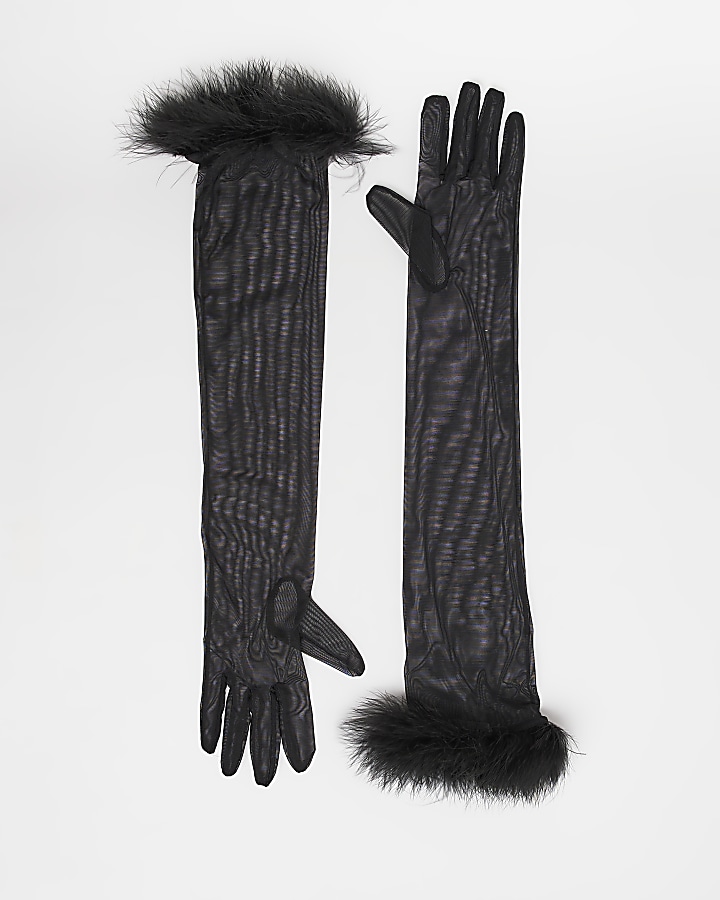 Black feather trim long gloves River Island