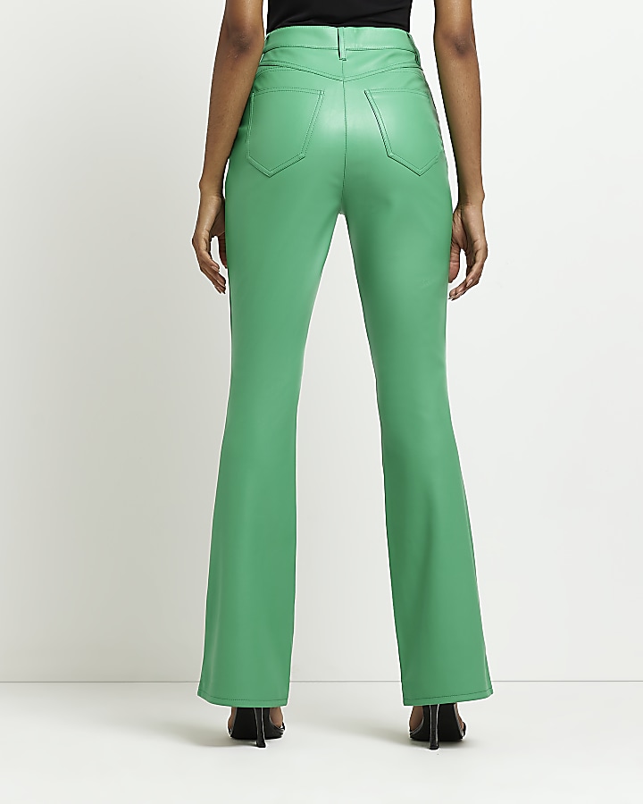 Green faux leather bum sculpt flared trousers