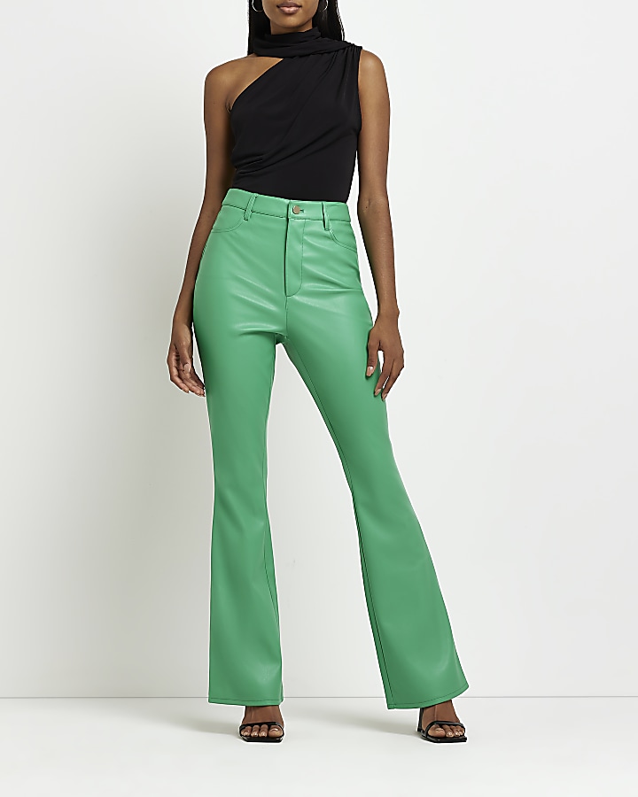 Green faux leather bum sculpt flared trousers