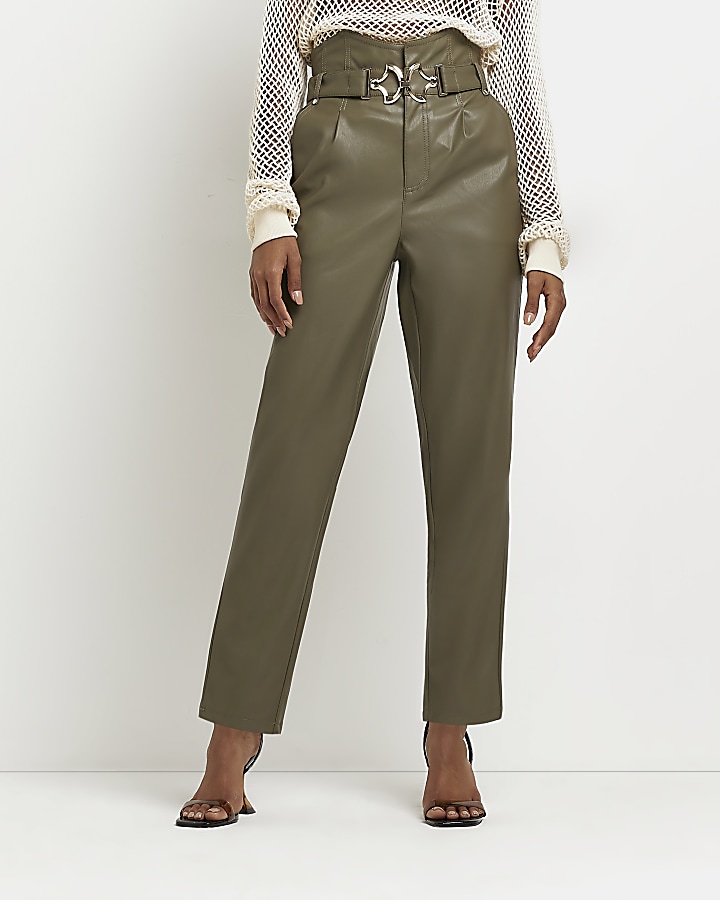 Khaki belted paperbag straight leg trousers