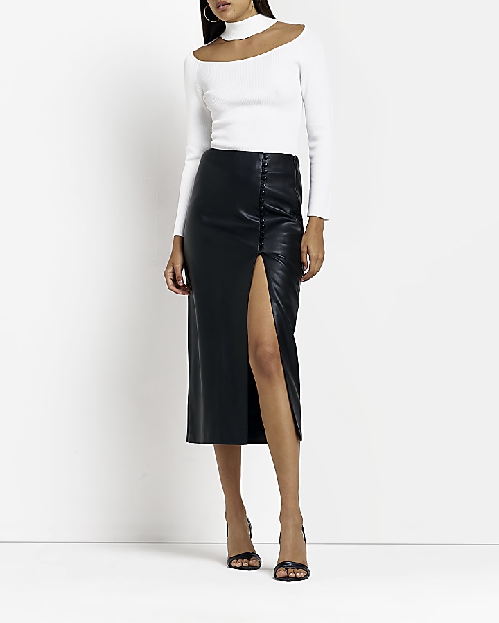 Black faux leather split hem midi skirt