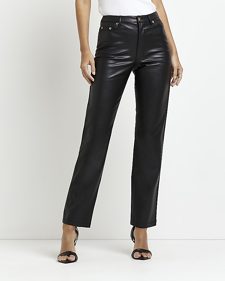 Black faux leather straight trousers | River Island