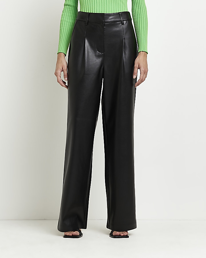 Black faux leather wide leg trousers