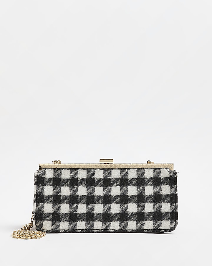 Black boucle check clutch bag