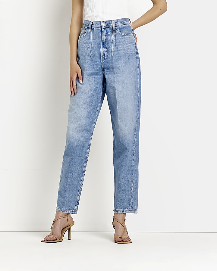 Blue high waisted tapered jeans | River Island