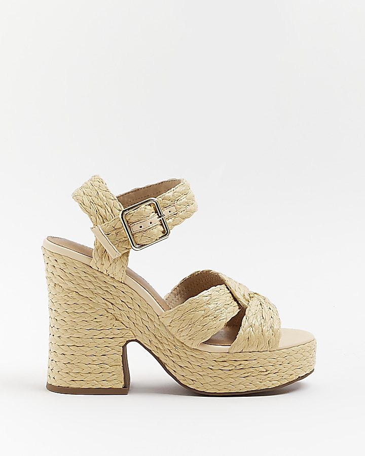 Beige raffia wedge sandals