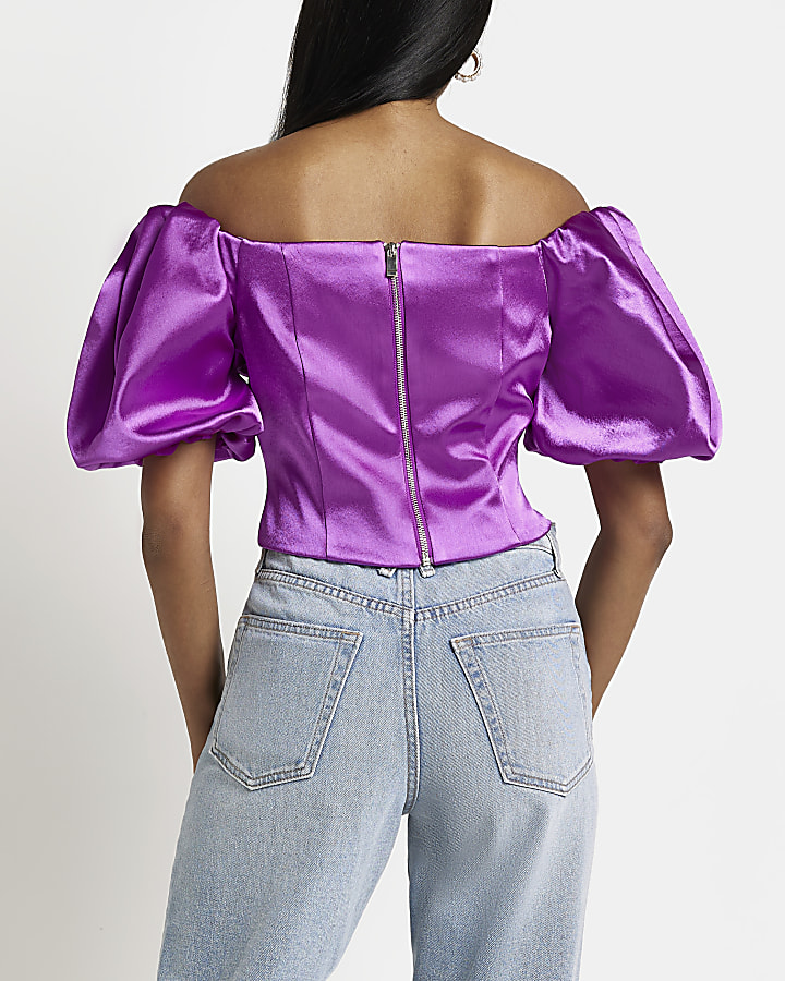Purple satin bardot corset top
