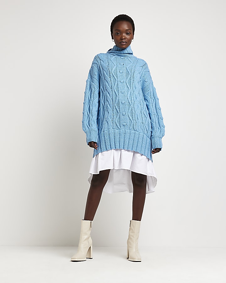 Blue cable knit mini jumper shirt dress River Island