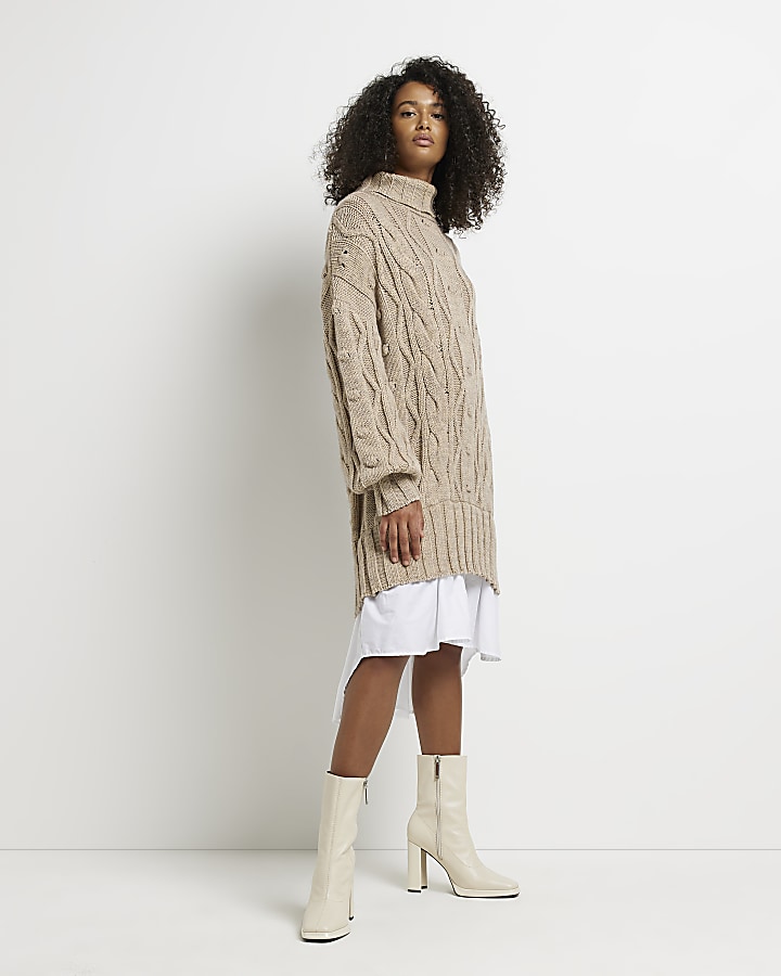 Beige cable knit mini jumper shirt dress River Island