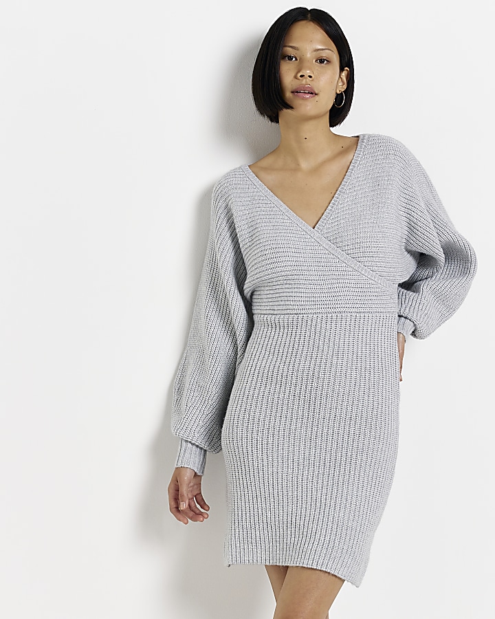 Grey knit long sleeve jumper mini dress